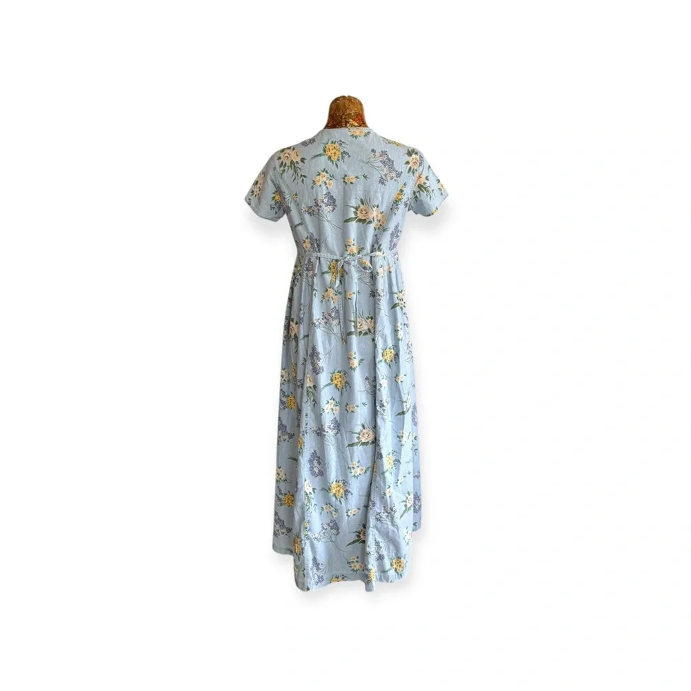 Lizwear dress long blue yellow floral short sleeve button front tie back - Picture 4 of 11